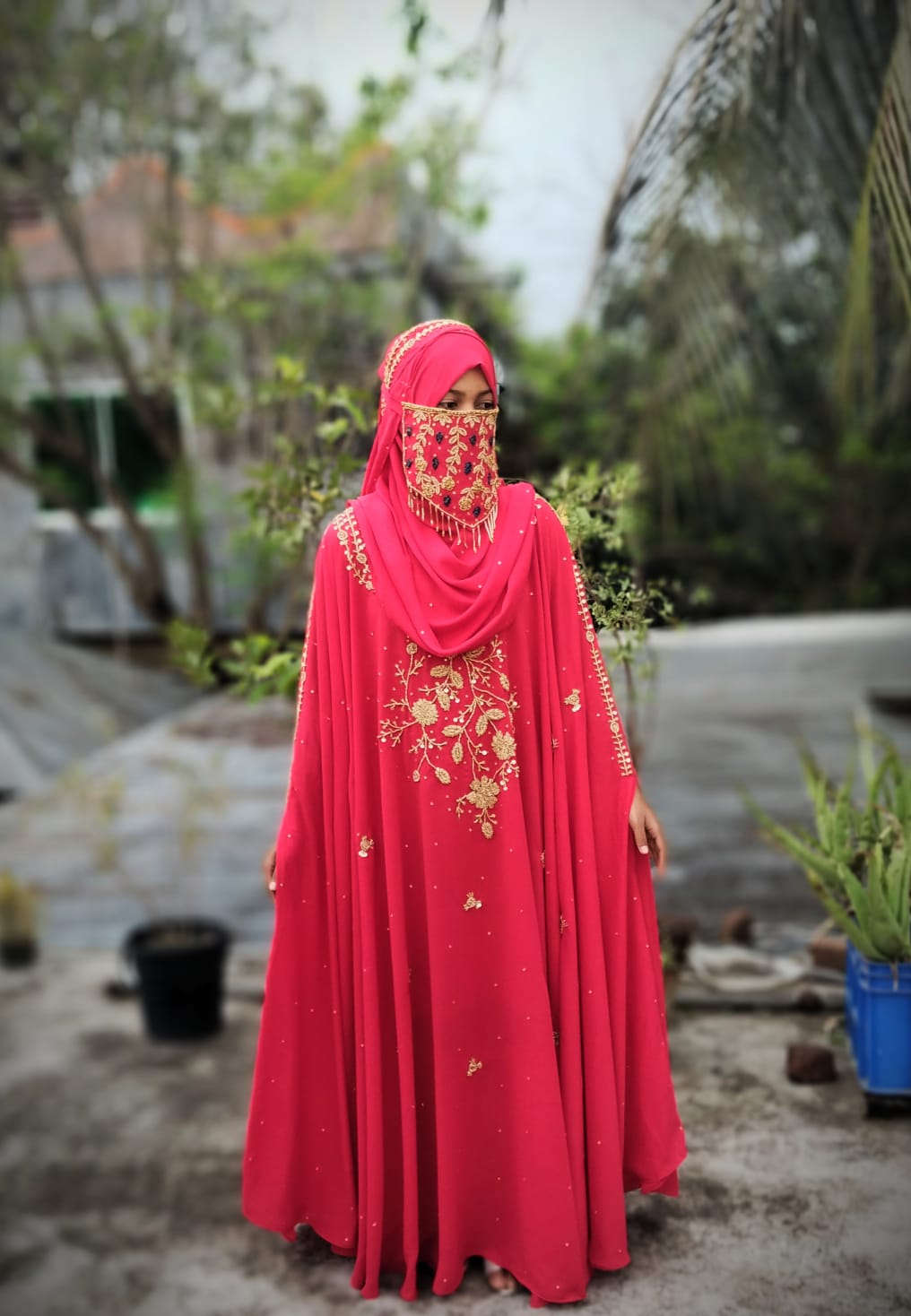 প্রি-অর্ডারে রয়াল চেরি নকশি হ্যান্ড ওয়ার্ক বোরখা | কাস্টম কালার কালেকশন - Image 2