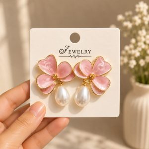 Pink Flower Pearl Drop Earrings (Without Premium Gift Box)