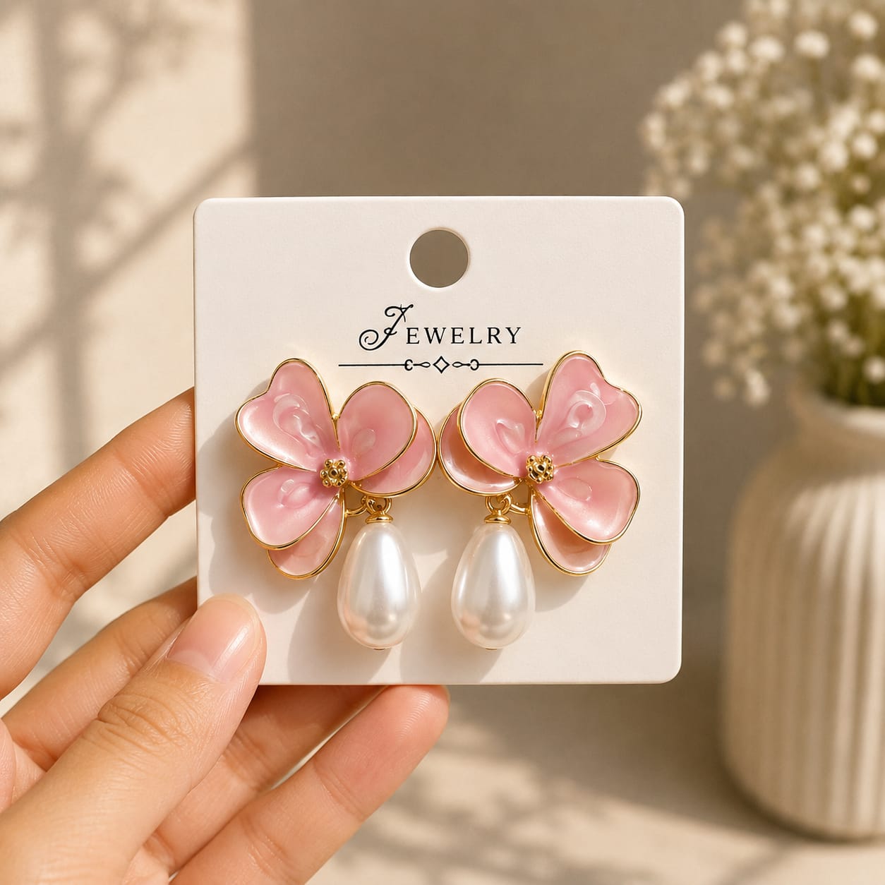 Pink Flower Pearl Drop Earrings (Without Premium Gift Box) - Image 3
