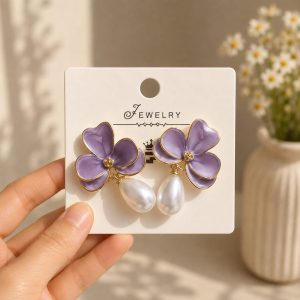 Purple Flower Pearl Drop Earrings (Without Premium Gift Box)