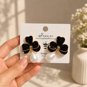 Black Flower Pearl Drop Earrings (Without Premium Gift Box)