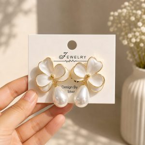 White Flower Pearl Drop Earrings (Without Premium Gift Box)