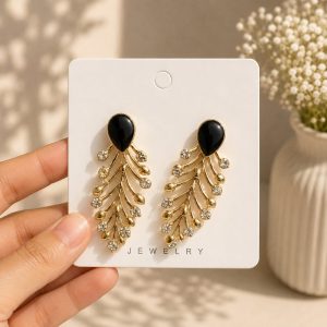 Black Leaf Crystal Drop Earrings (Without Premium Gift Box)