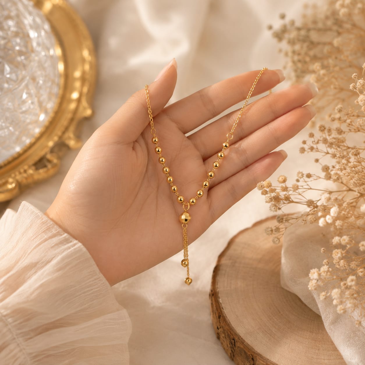 Elegant Golden Beaded Drop Necklace (Without Premium Gift Box) - Image 2
