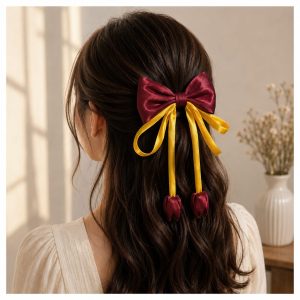 Elegant Tulip Bow Hair Clip Maroon & Golden Yellow