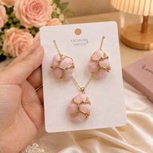 Pink Blossom Gold-Tone Necklace & Earring Set