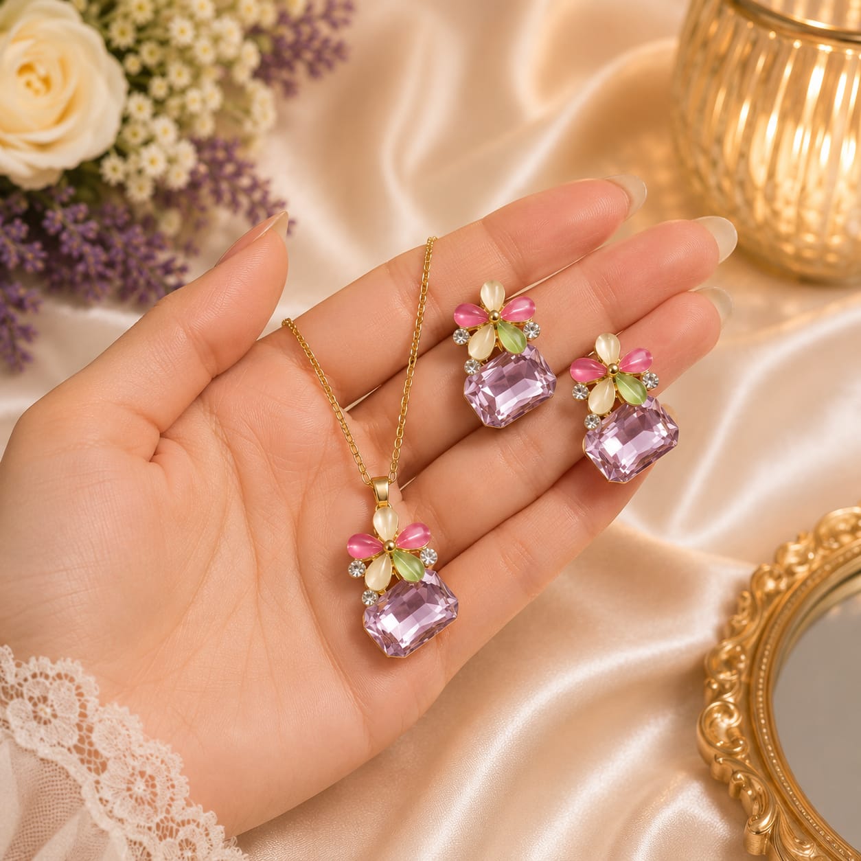 Pink Crystal Butterfly Necklace & Earring Set - Image 3