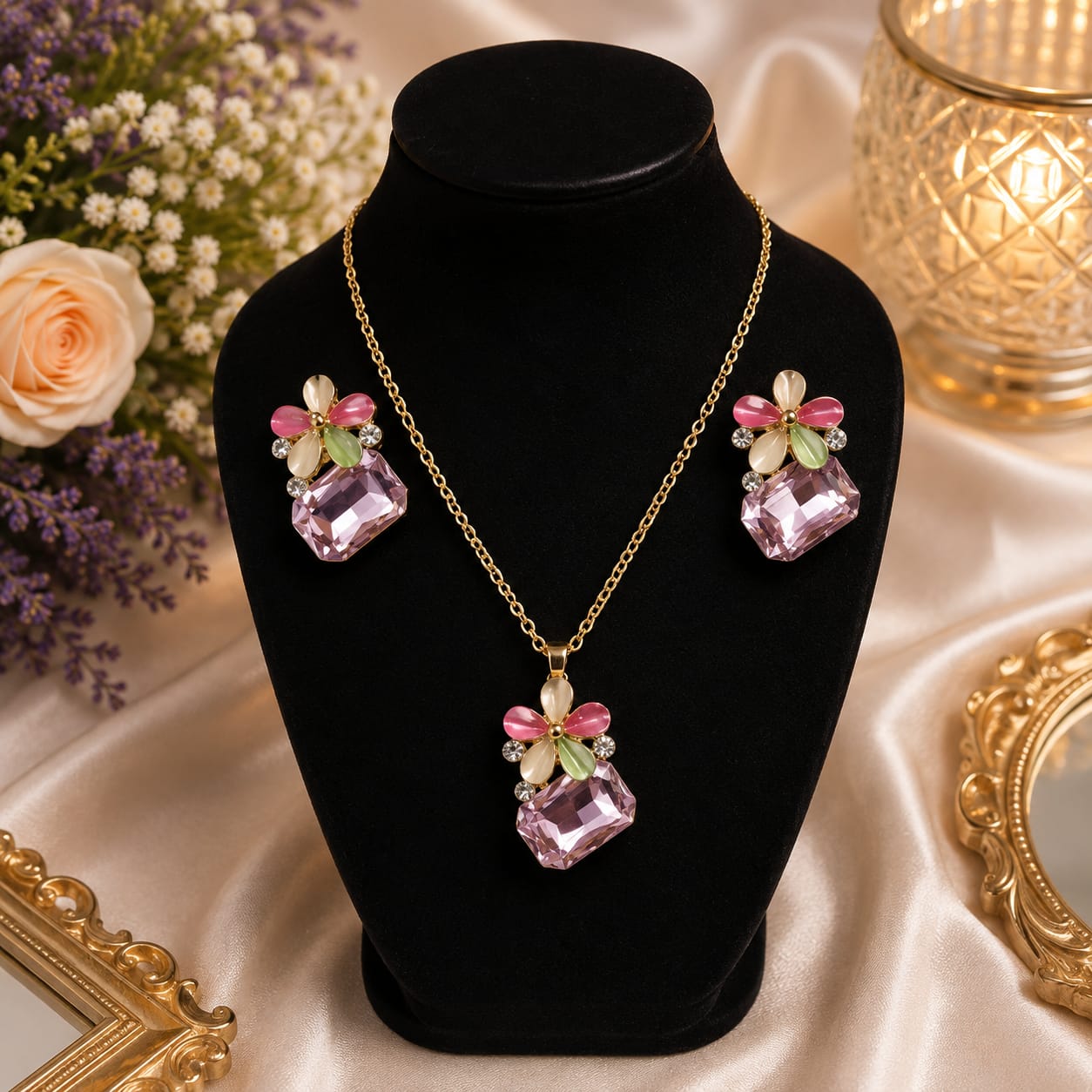 Pink Crystal Butterfly Necklace & Earring Set