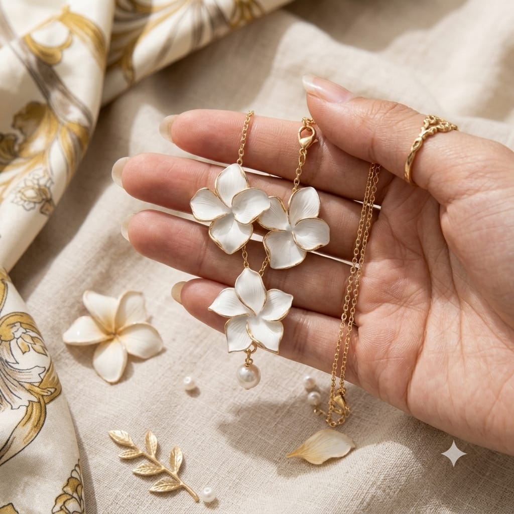 Elegant White Floral Necklace & Earrings Set - Image 3
