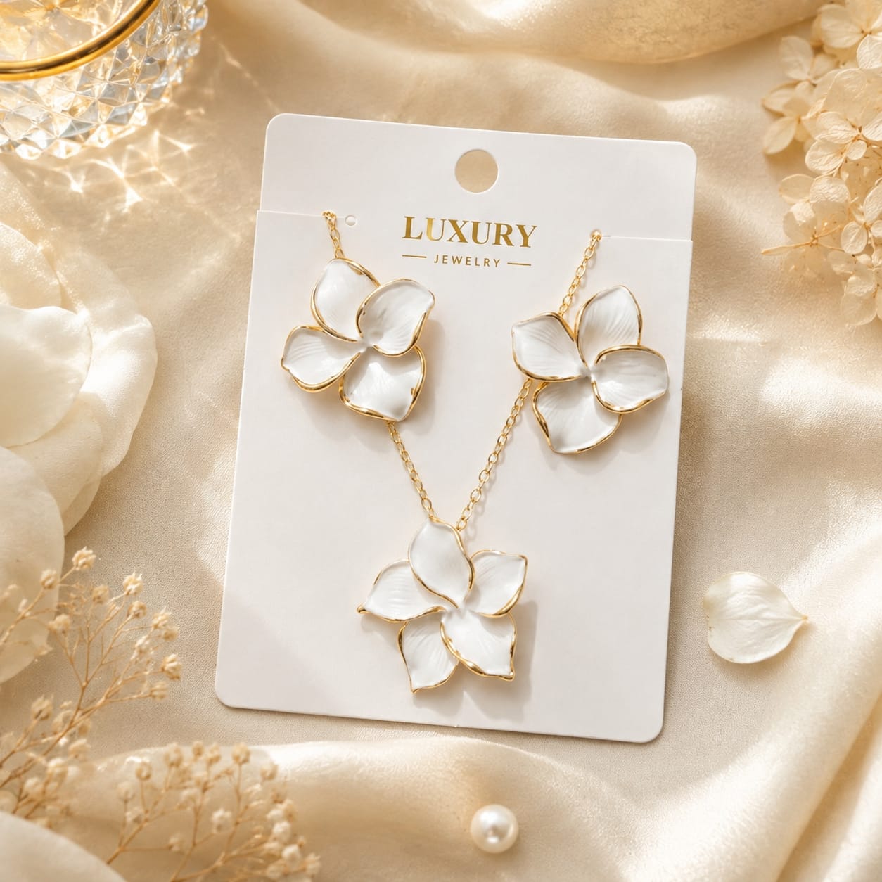 Elegant White Floral Necklace & Earrings Set