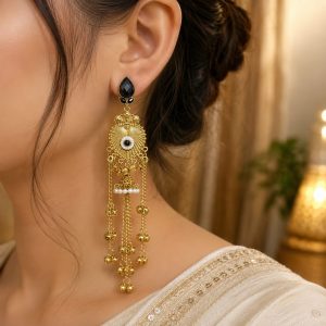 Elegant Black Stone Golden Chandelier Earrings