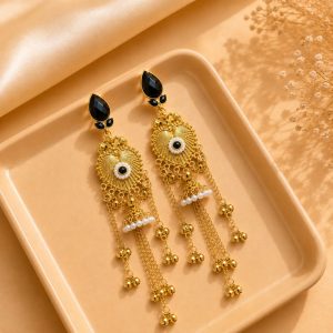 Alternative view of Elegant Black Stone Golden Chandelier Earrings
