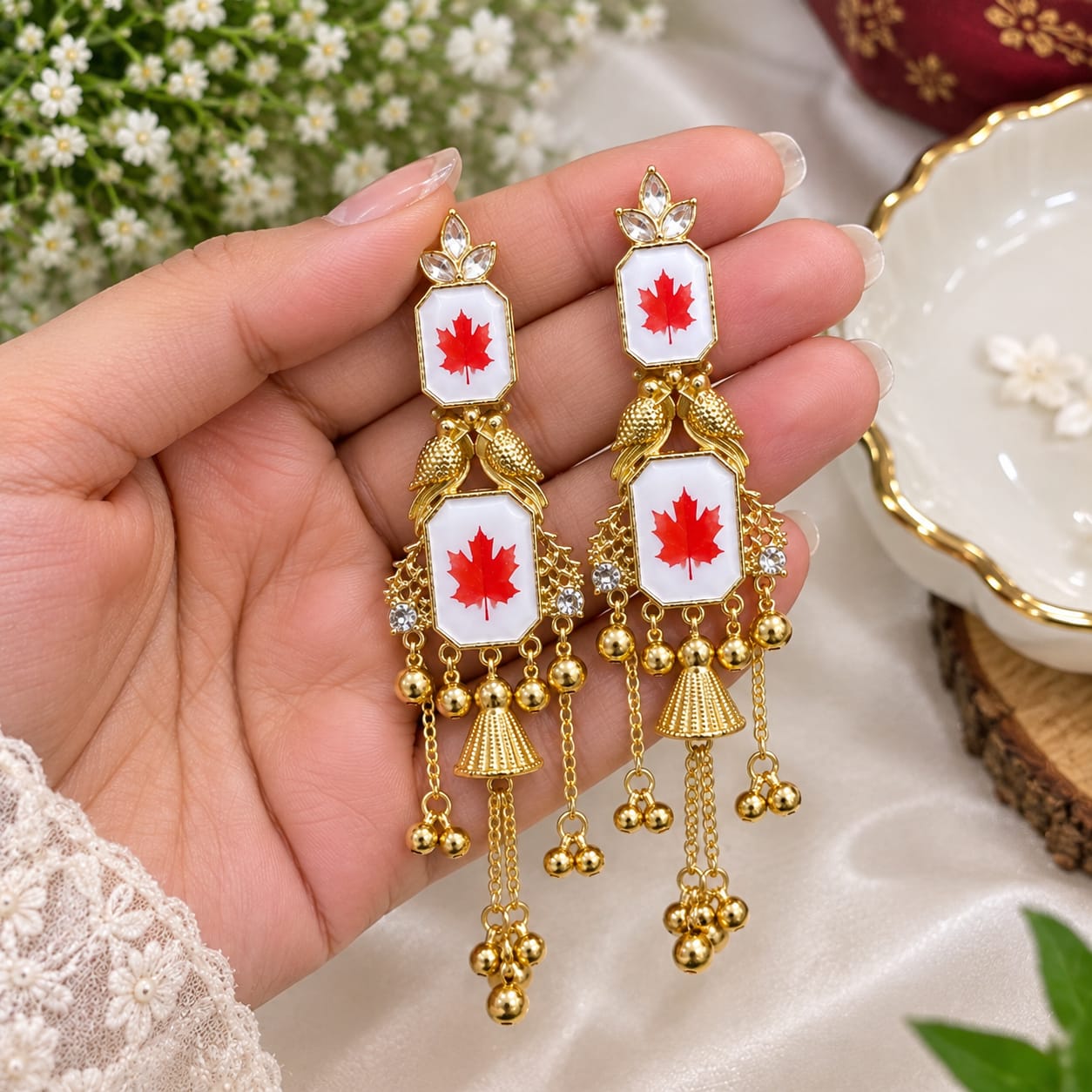 Red Maple Leaf Long Earrings - Image 4