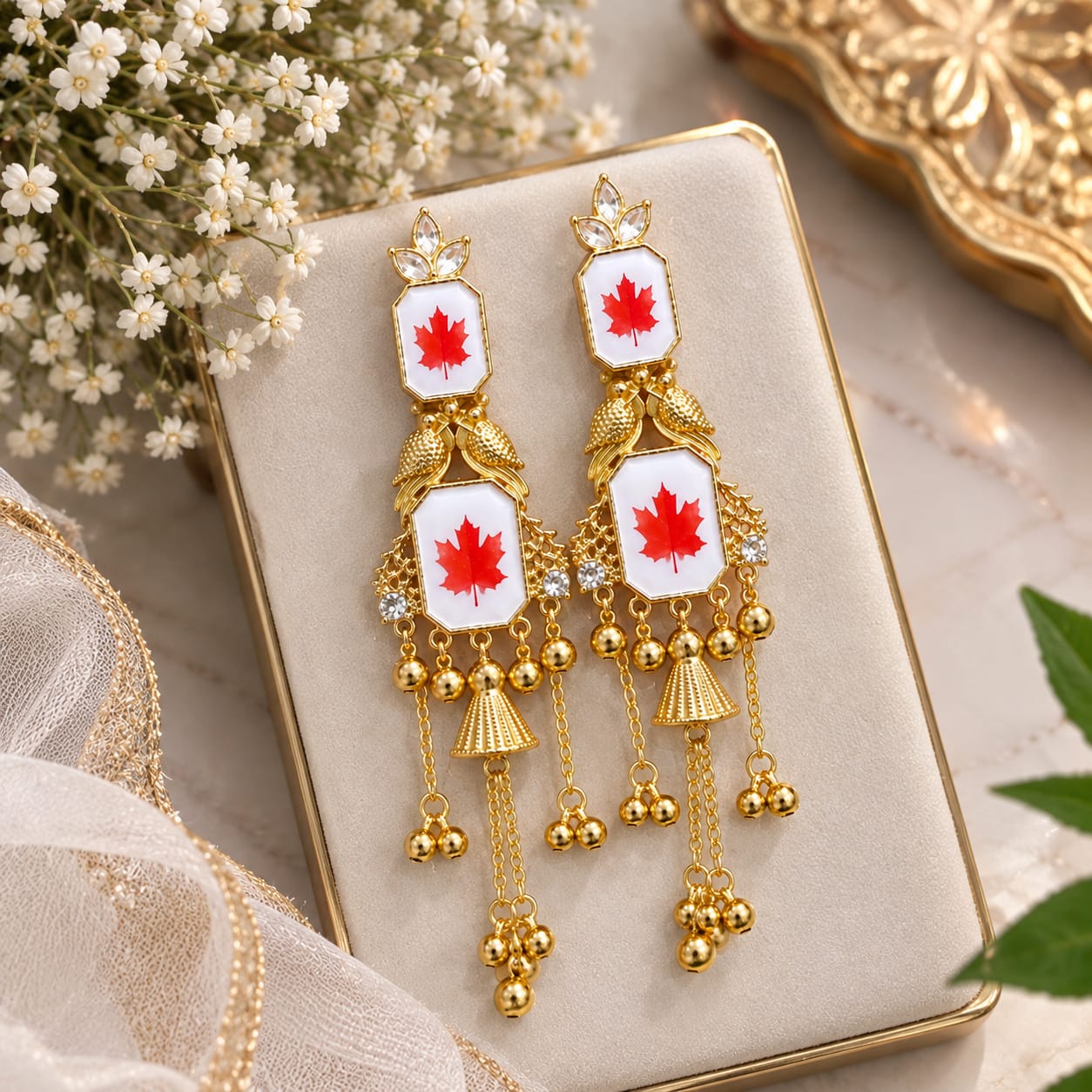 Red Maple Leaf Long Earrings - Image 3