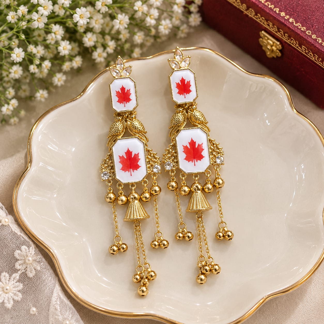 Red Maple Leaf Long Earrings - Image 2