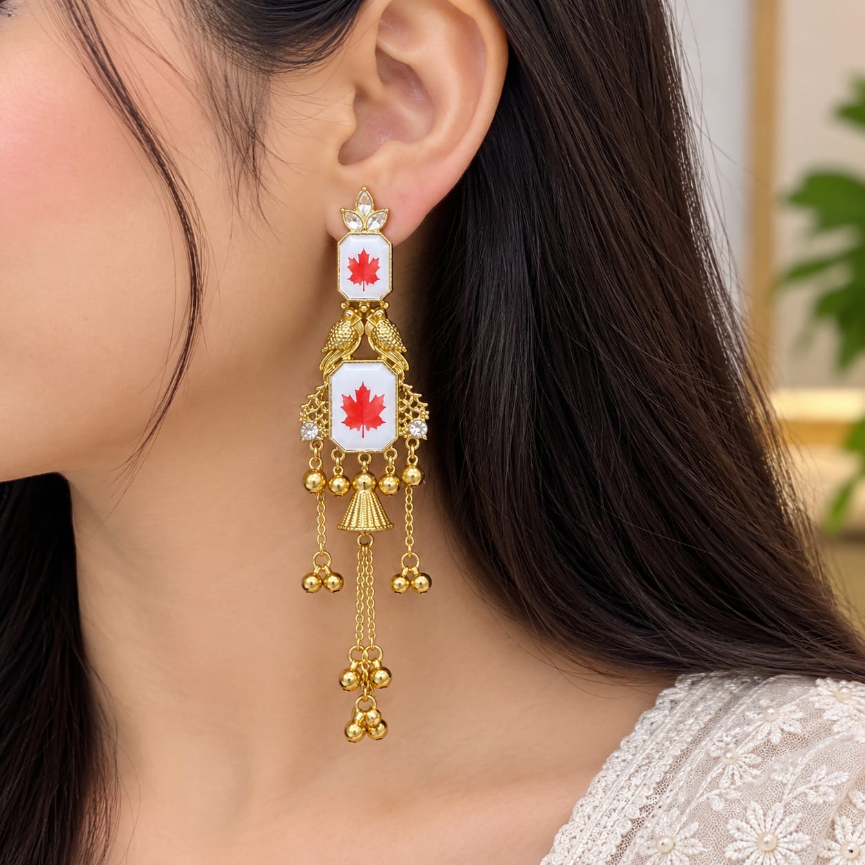 Red Maple Leaf Long Earrings